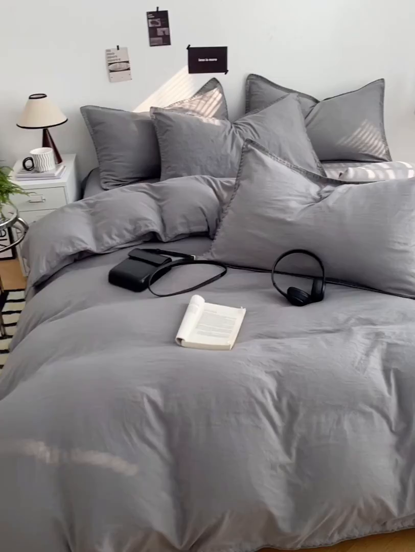 91家纺网 家纺一手货源 找家纺 思诺羽床笠 2025新款水洗棉贝壳边四件套系列 贝壳边+流光灰