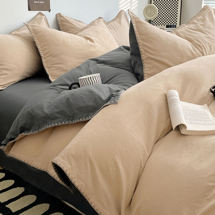 思诺羽床笠 2025新款水洗棉贝壳边四件套系列 贝壳边+卡其深灰