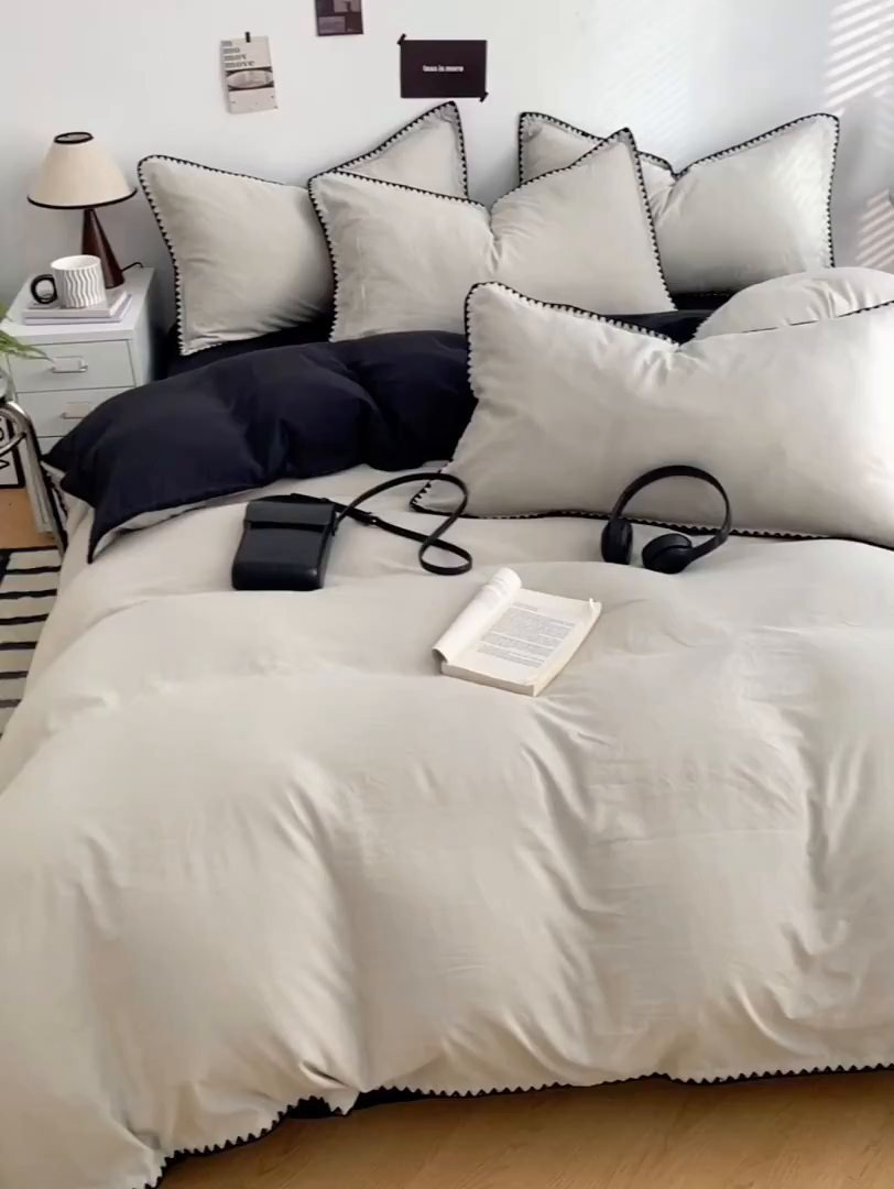 91家纺网 家纺一手货源 找家纺 思诺羽床笠 2025新款水洗棉贝壳边四件套系列 贝壳边+奶油白+暗夜灰