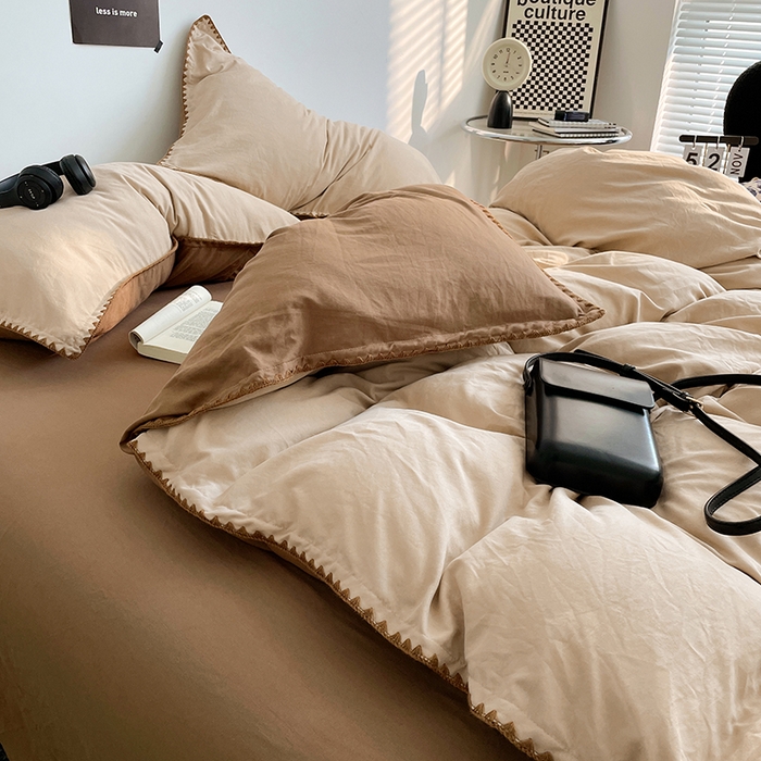 91家纺网 家纺一手货源 找家纺 思诺羽床笠 2025新款水洗棉贝壳边四件套系列 贝壳边+浅卡其+深咖