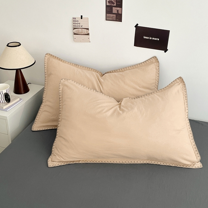 91家纺网 家纺一手货源 找家纺 思诺羽床笠 2025新款水洗棉贝壳边四件套系列 贝壳边+卡其深灰