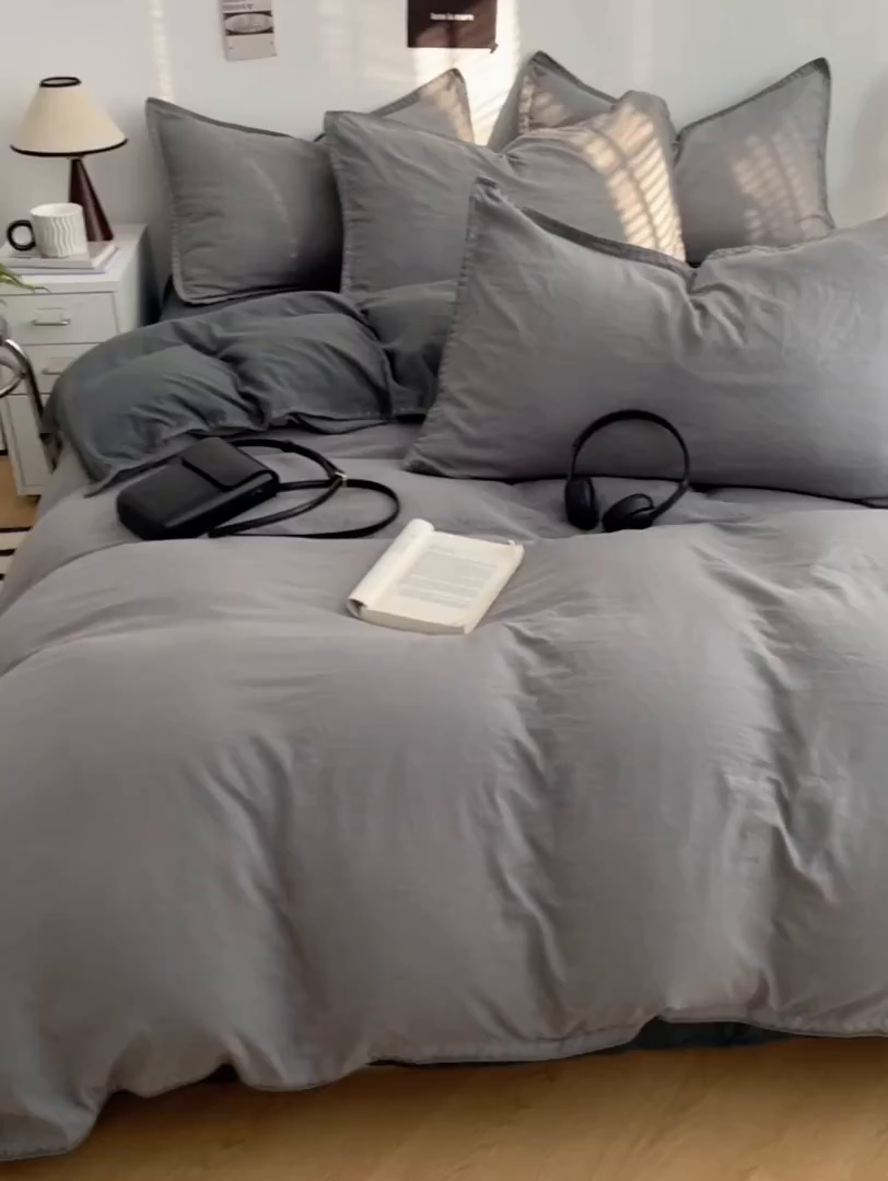 91家纺网 家纺一手货源 找家纺 思诺羽床笠 2025新款水洗棉贝壳边四件套系列 贝壳边+浅深灰