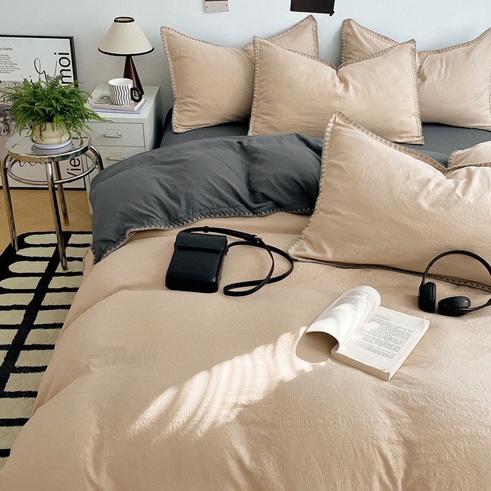 91家纺网 家纺一手货源 找家纺 思诺羽床笠 2025新款水洗棉贝壳边四件套系列 贝壳边+卡其深灰