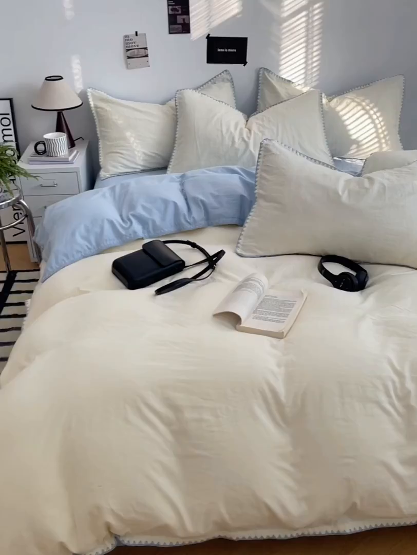 91家纺网 家纺一手货源 找家纺 思诺羽床笠 2025新款水洗棉贝壳边四件套系列 贝壳边+月光白+海盐蓝