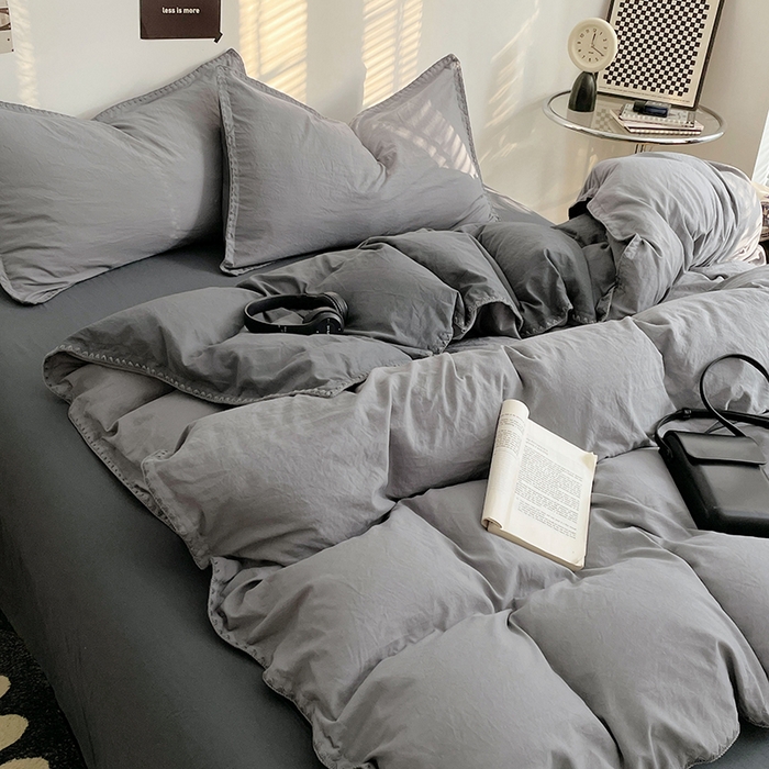 91家纺网 家纺一手货源 找家纺 思诺羽床笠 2025新款水洗棉贝壳边四件套系列 贝壳边+浅深灰