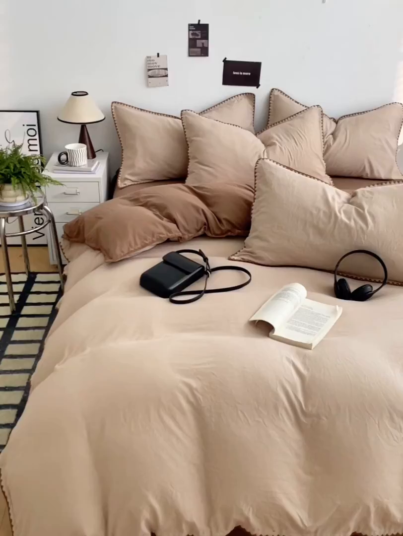 91家纺网 家纺一手货源 找家纺 思诺羽床笠 2025新款水洗棉贝壳边四件套系列 贝壳边+浅卡其+深咖