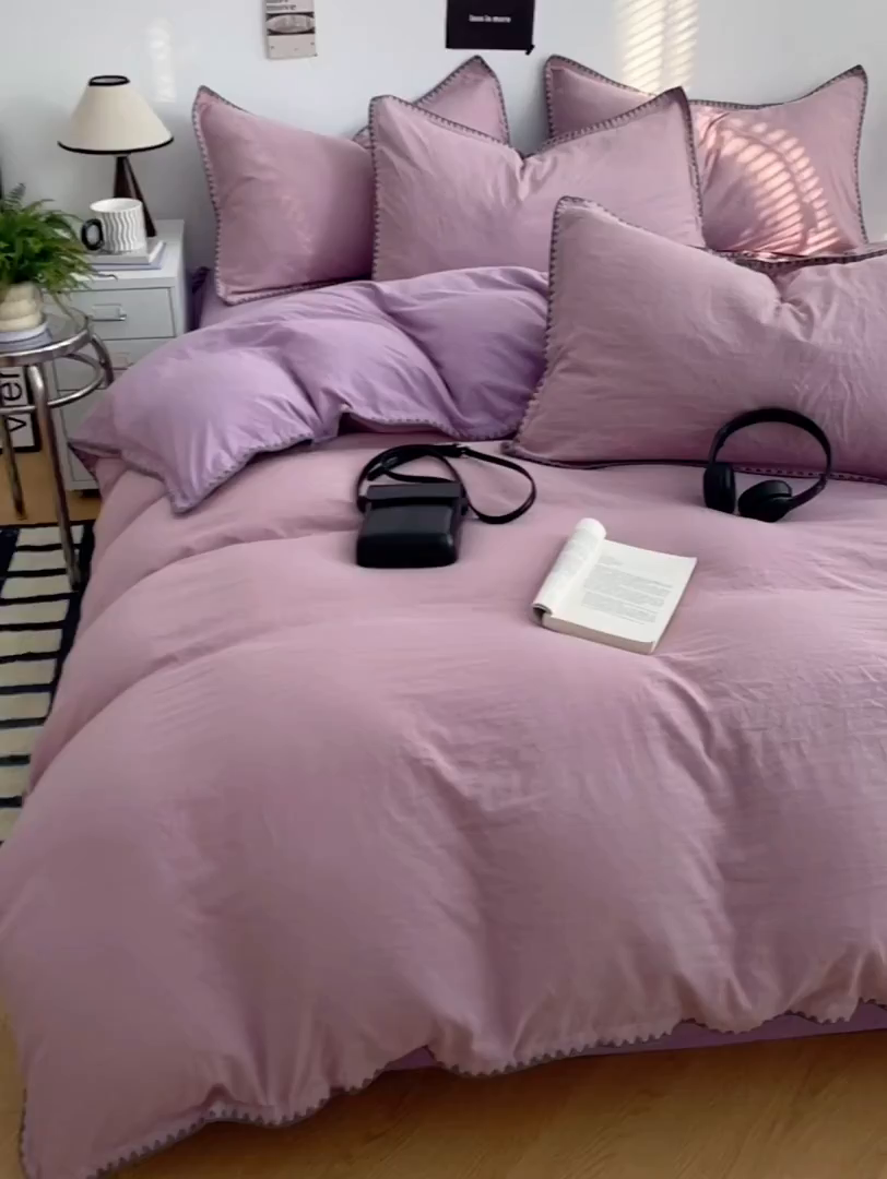 91家纺网 家纺一手货源 找家纺 思诺羽床笠 2025新款水洗棉贝壳边四件套系列 贝壳边-浅紫深紫