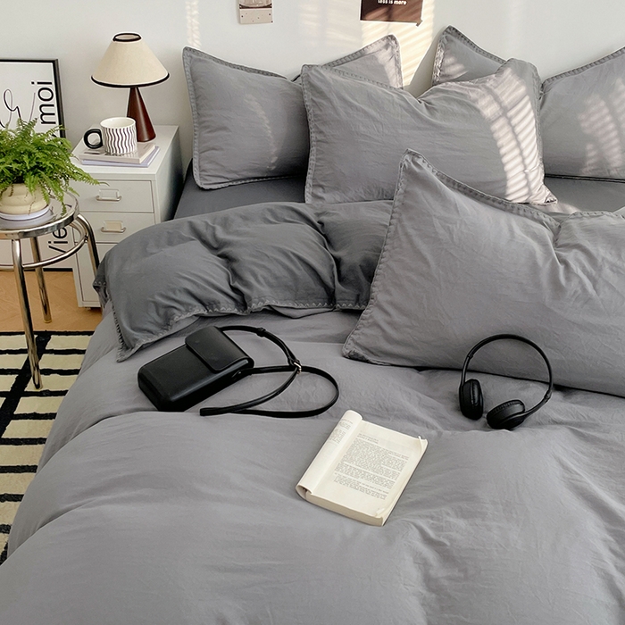 91家纺网 家纺一手货源 找家纺 思诺羽床笠 2025新款水洗棉贝壳边四件套系列 贝壳边+浅深灰