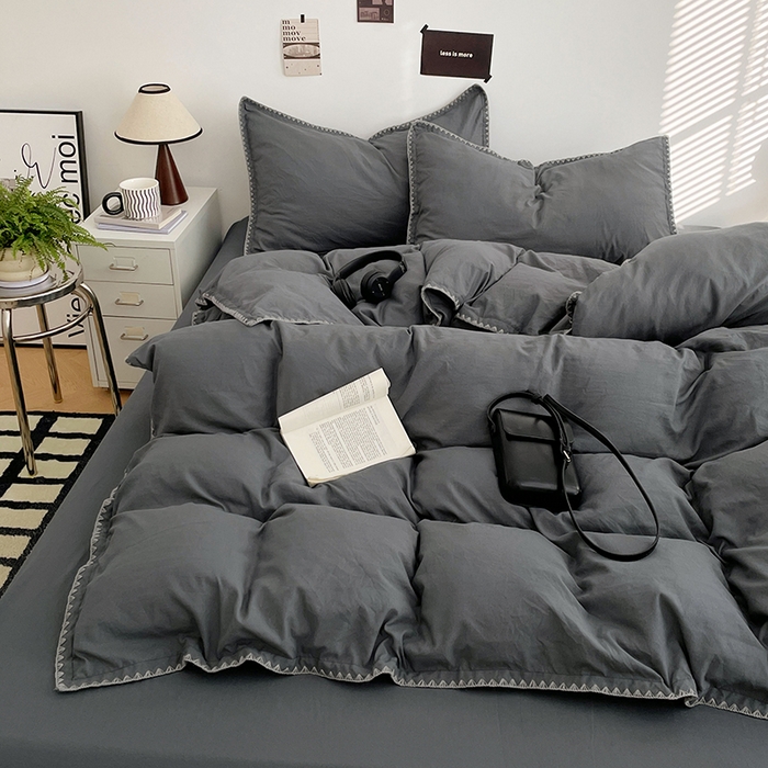 91家纺网 家纺一手货源 找家纺 思诺羽床笠 2025新款水洗棉贝壳边四件套系列 贝壳边+布鲁灰