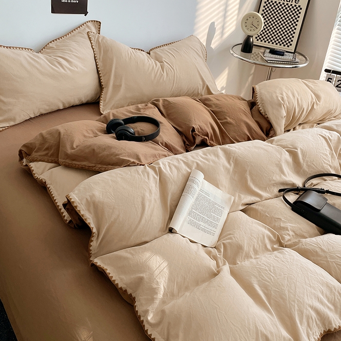 91家纺网 家纺一手货源 找家纺 思诺羽床笠 2025新款水洗棉贝壳边四件套系列 贝壳边+浅卡其+深咖