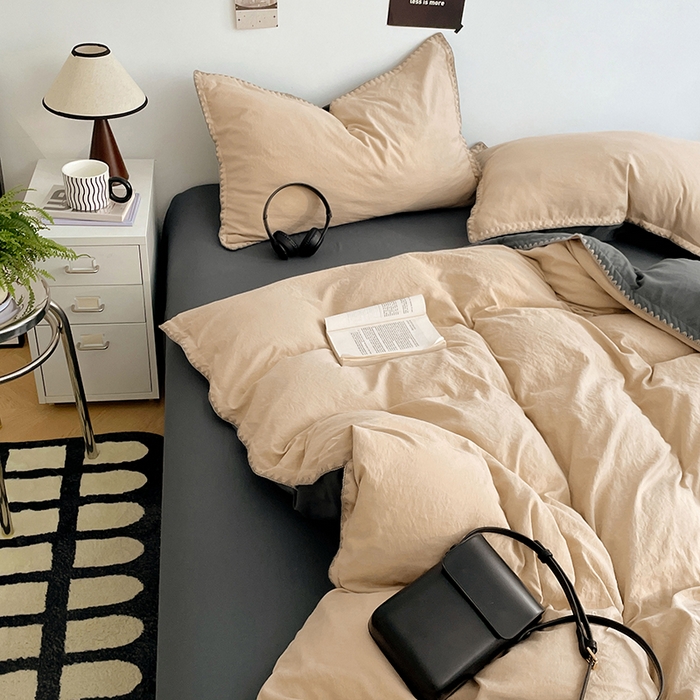 91家纺网 家纺一手货源 找家纺 思诺羽床笠 2025新款水洗棉贝壳边四件套系列 贝壳边+卡其深灰