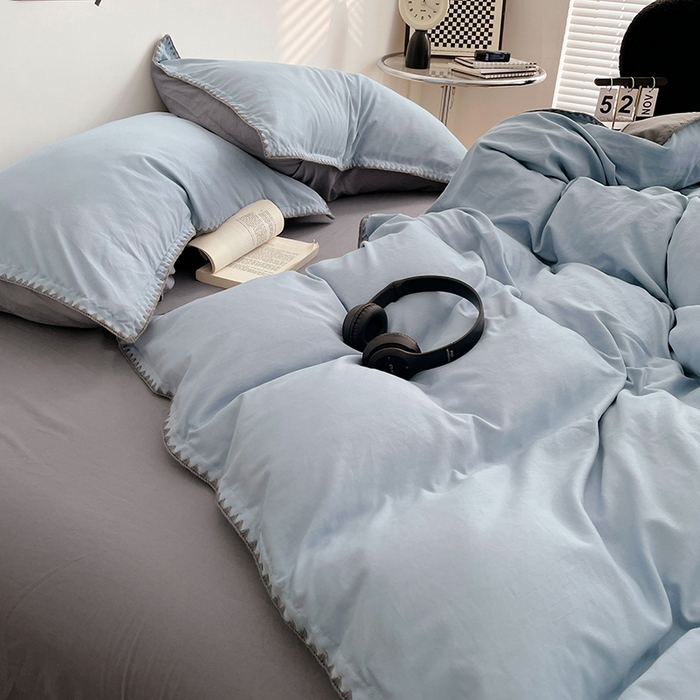 91家纺网 家纺一手货源 找家纺 思诺羽床笠 2025新款水洗棉贝壳边四件套系列 贝壳边-海盐蓝+优雅灰