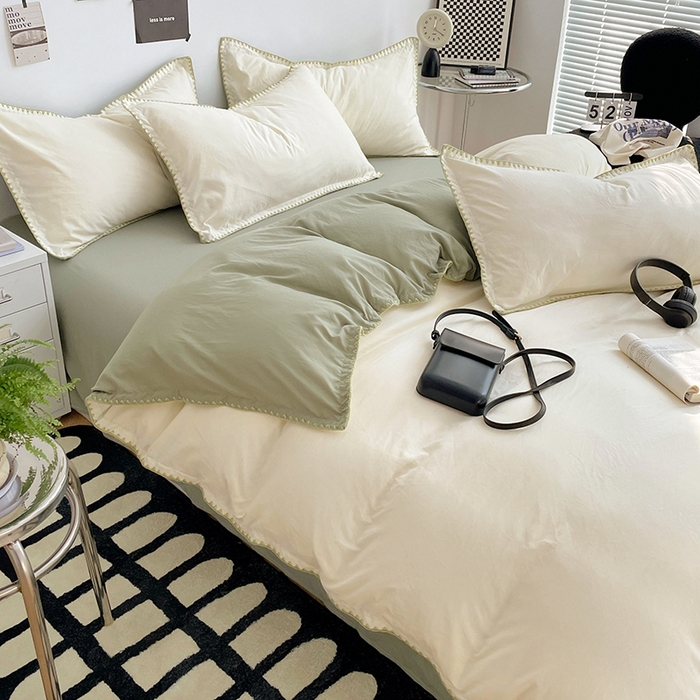 91家纺网 家纺一手货源 找家纺 思诺羽床笠 2025新款水洗棉贝壳边四件套系列 贝壳边-贝壳白+抹茶绿