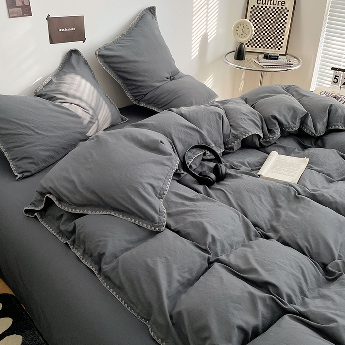 91家纺网 家纺一手货源 找家纺 思诺羽床笠 2025新款水洗棉贝壳边四件套系列 贝壳边+布鲁灰