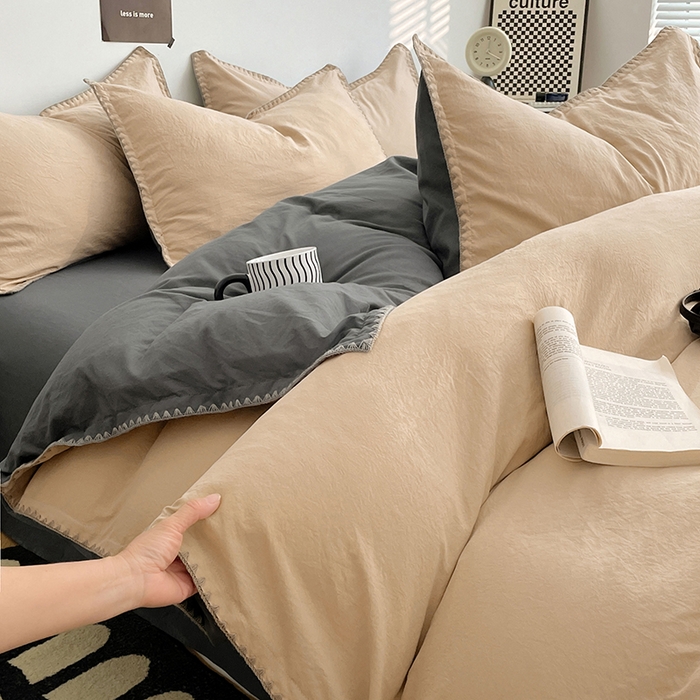 91家纺网 家纺一手货源 找家纺 思诺羽床笠 2025新款水洗棉贝壳边四件套系列 贝壳边+卡其深灰