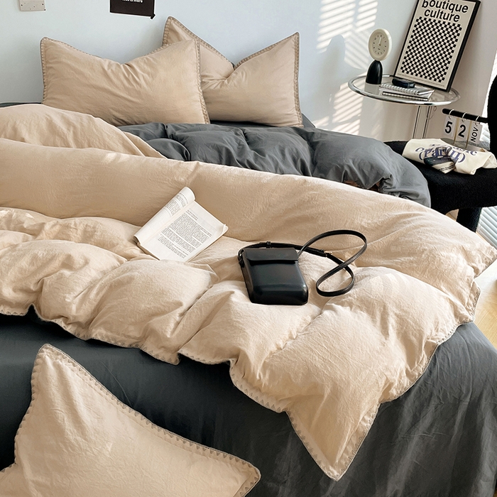 91家纺网 家纺一手货源 找家纺 思诺羽床笠 2025新款水洗棉贝壳边四件套系列 贝壳边+卡其深灰