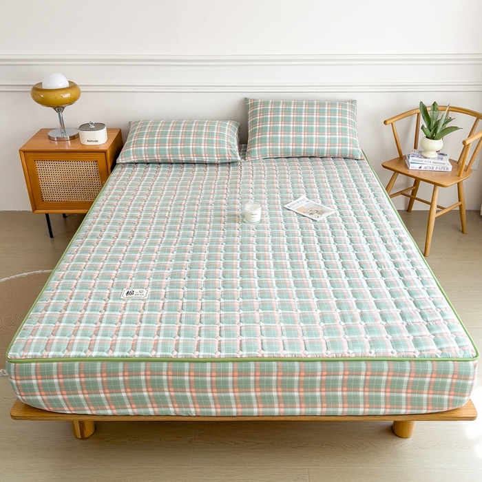 91家纺网 家纺一手货源 找家纺 希廷顿 2025新款色织水洗棉夹棉棉花床笠床笠单件单床笠 橘绿条