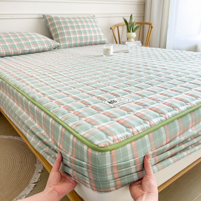 91家纺网 家纺一手货源 找家纺 希廷顿 2025新款色织水洗棉夹棉棉花床笠床笠单件单床笠 橘绿条