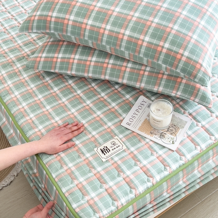 91家纺网 家纺一手货源 找家纺 希廷顿 2025新款色织水洗棉夹棉棉花床笠床笠单件单床笠 橘绿条