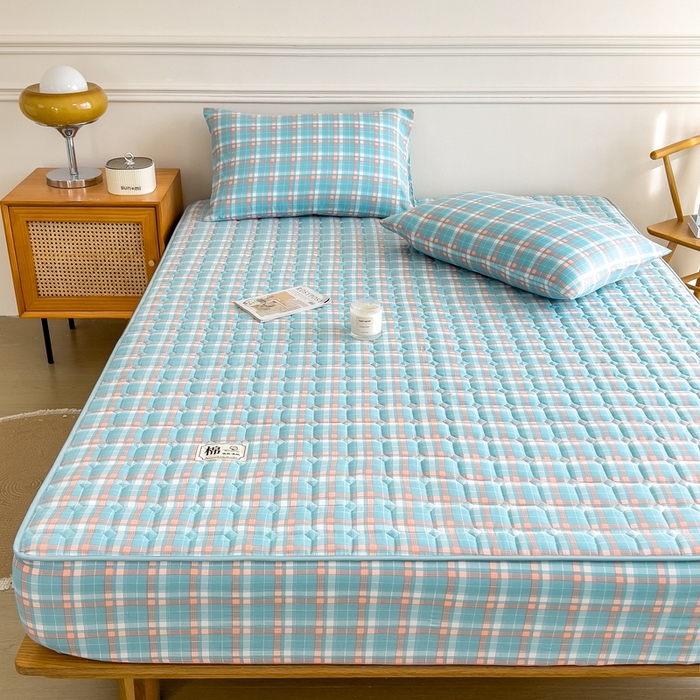 91家纺网 家纺一手货源 找家纺 希廷顿 2025新款色织水洗棉夹棉棉花床笠床笠单件单床笠 青春浅蓝