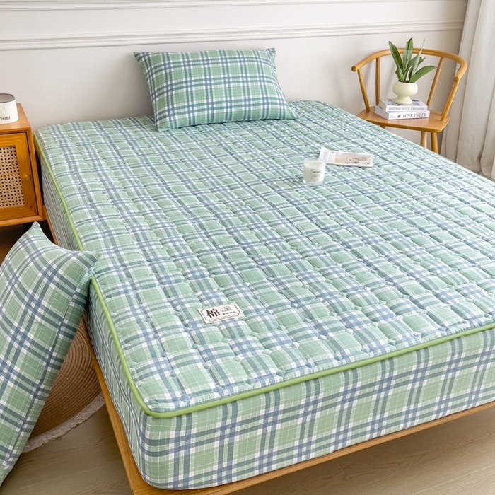 91家纺网 家纺一手货源 找家纺 希廷顿 2025新款色织水洗棉夹棉棉花床笠床笠单件单床笠 时光绿