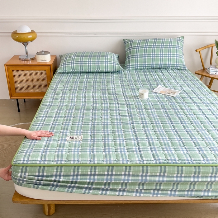 91家纺网 家纺一手货源 找家纺 希廷顿 2025新款色织水洗棉夹棉棉花床笠床笠单件单床笠 时光绿