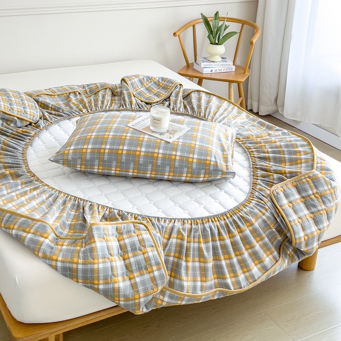 91家纺网 家纺一手货源 找家纺 希廷顿 2025新款色织水洗棉夹棉棉花床笠床笠单件单床笠 心语-咖