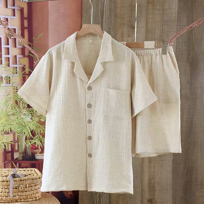 91家纺网 家纺一手货源 找家纺 （总）双梦毛巾 2025新款夏季新款亚麻家居服情侣爆款套装 休闲简约短袖短裤男女士睡衣