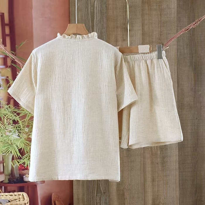 91家纺网 家纺一手货源 找家纺 （总）双梦毛巾 2025新款夏季新款亚麻家居服情侣爆款套装 休闲简约短袖短裤男女士睡衣