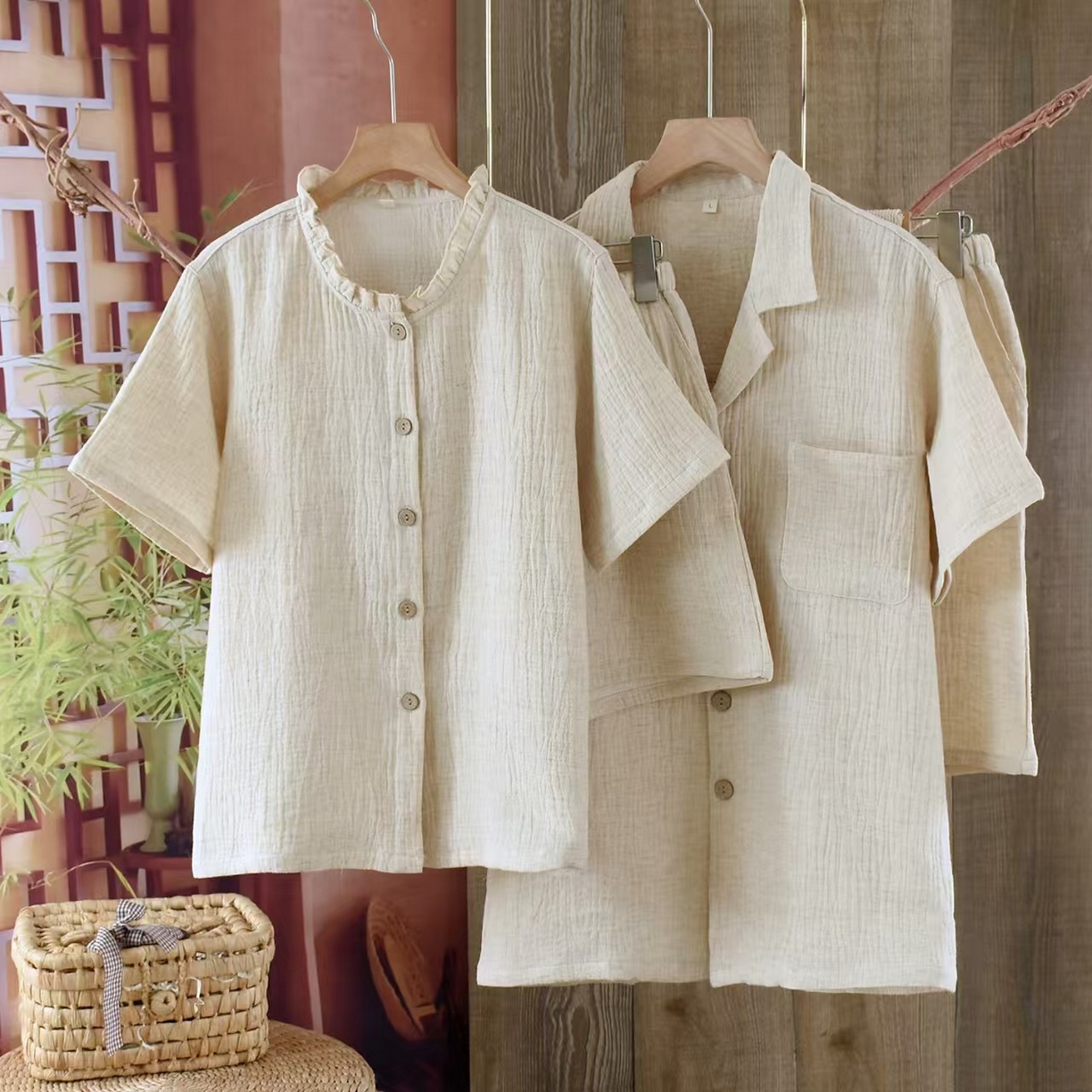 91家纺网 家纺一手货源 找家纺 （总）双梦毛巾 2025新款夏季新款亚麻家居服情侣爆款套装 休闲简约短袖短裤男女士睡衣