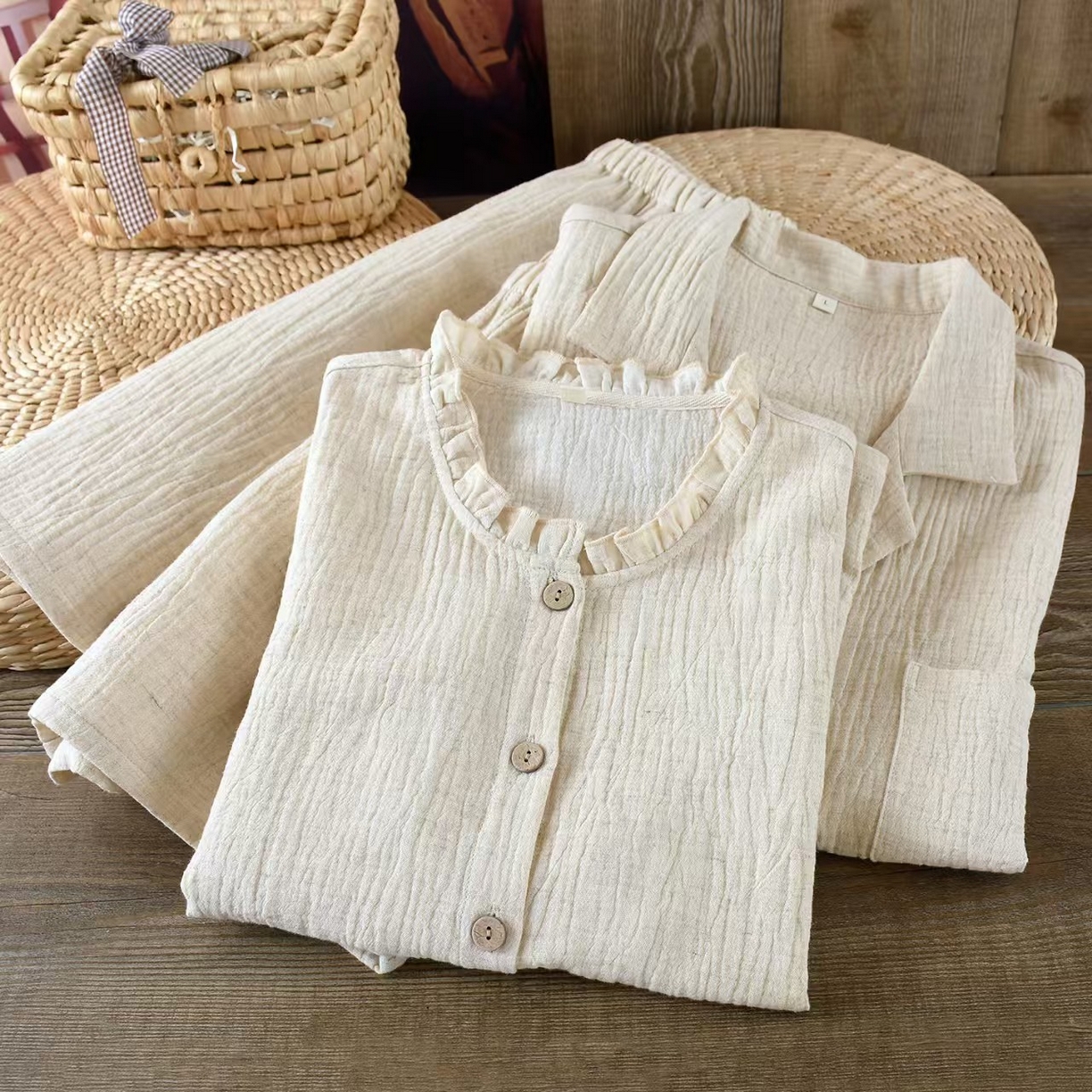 91家纺网 家纺一手货源 找家纺 （总）双梦毛巾 2025新款夏季新款亚麻家居服情侣爆款套装 休闲简约短袖短裤男女士睡衣