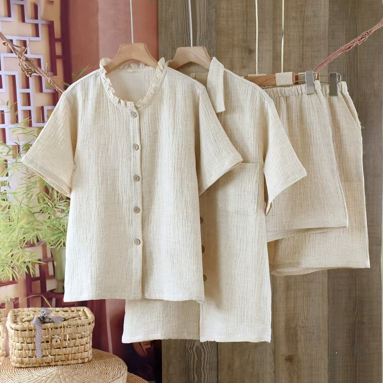 （总）双梦毛巾 2025新款夏季新款亚麻家居服情侣爆款套装 休闲简约短袖短裤男女士睡衣