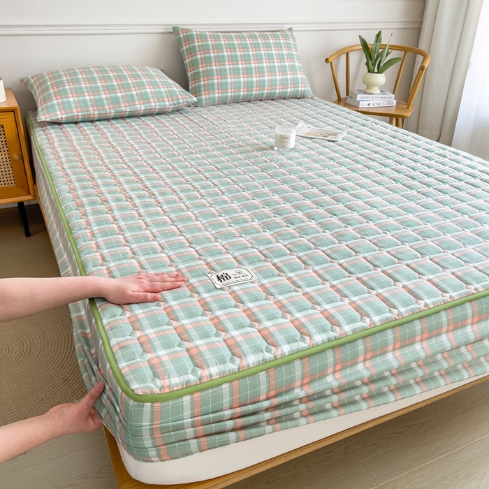 希廷顿 2025新款色织水洗棉夹棉棉花床笠床笠单件单床笠 橘绿条