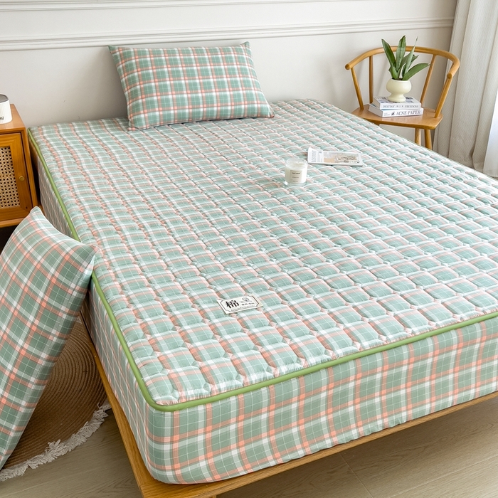 91家纺网 家纺一手货源 找家纺 希廷顿 2025新款色织水洗棉夹棉棉花床笠床笠单件单床笠 橘绿条