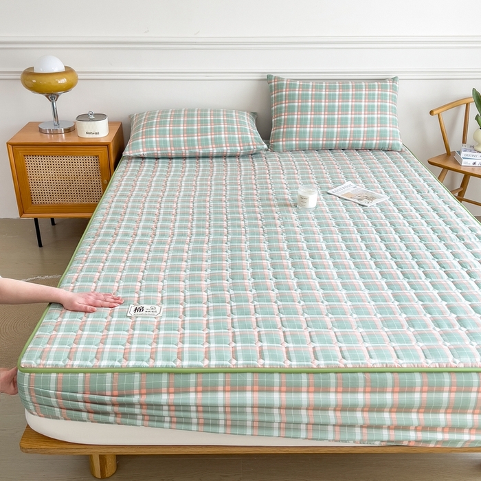 91家纺网 家纺一手货源 找家纺 希廷顿 2025新款色织水洗棉夹棉棉花床笠床笠单件单床笠 橘绿条