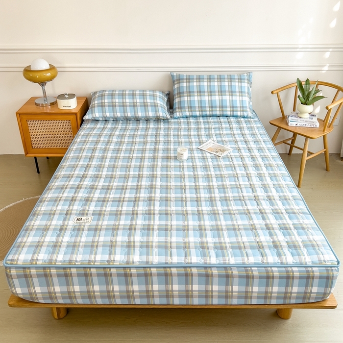 91家纺网 家纺一手货源 找家纺 希廷顿 2025新款色织水洗棉夹棉棉花床笠床笠单件单床笠 简兮蓝