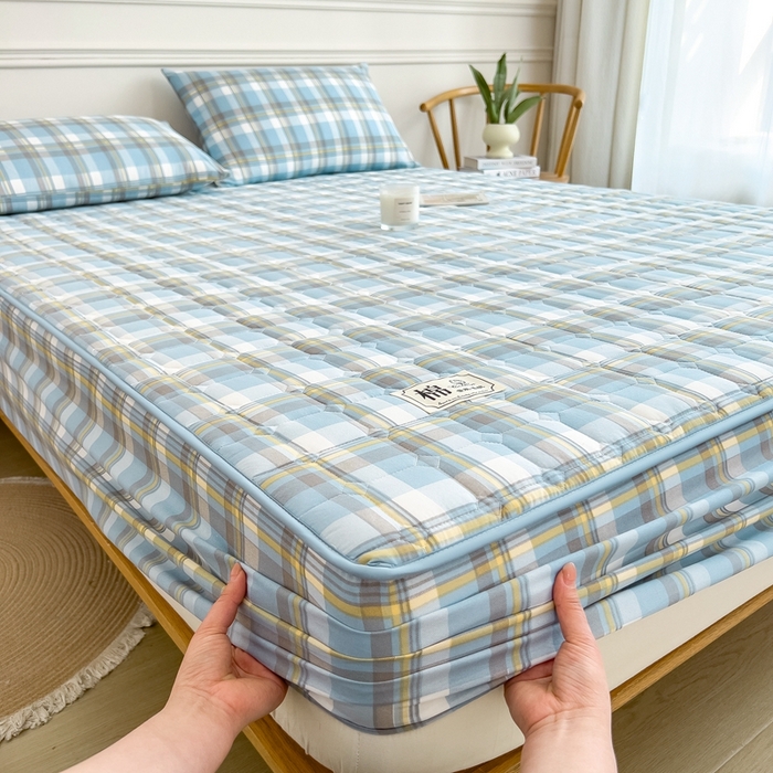 91家纺网 家纺一手货源 找家纺 希廷顿 2025新款色织水洗棉夹棉棉花床笠床笠单件单床笠 简兮蓝