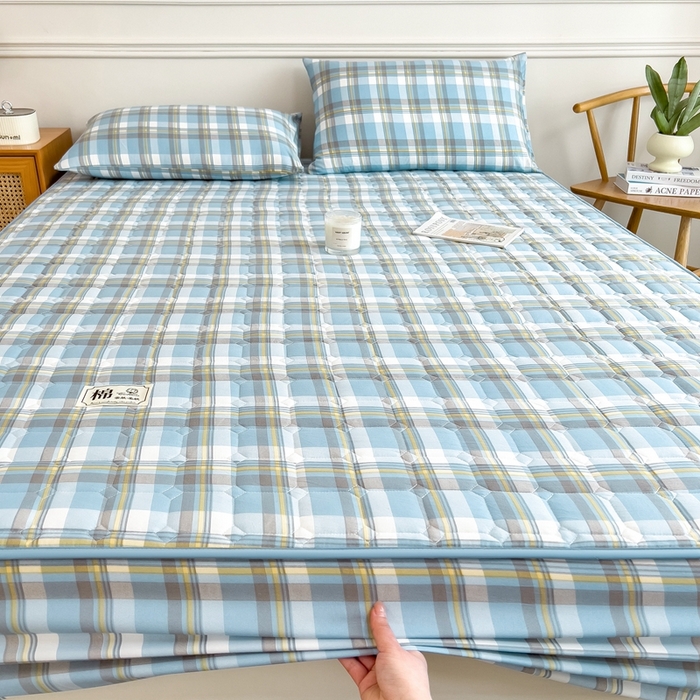 91家纺网 家纺一手货源 找家纺 希廷顿 2025新款色织水洗棉夹棉棉花床笠床笠单件单床笠 简兮蓝