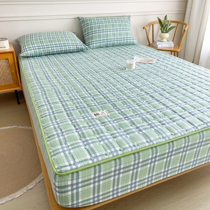 91家纺网 家纺一手货源 找家纺 希廷顿 2025新款色织水洗棉夹棉棉花床笠床笠单件单床笠 时光绿