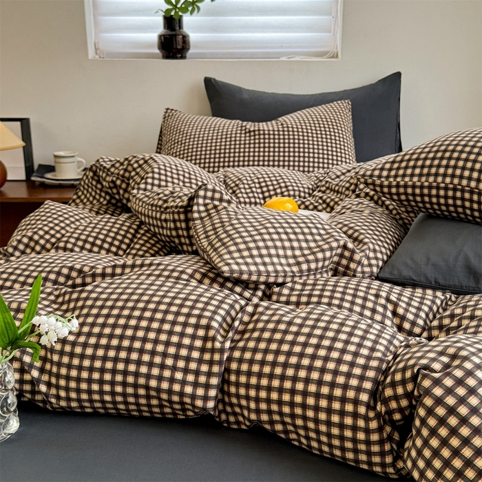 91家纺网 家纺一手货源 找家纺 多品2025新款无印风超柔水洗棉宿舍三件套 黑小格+黑