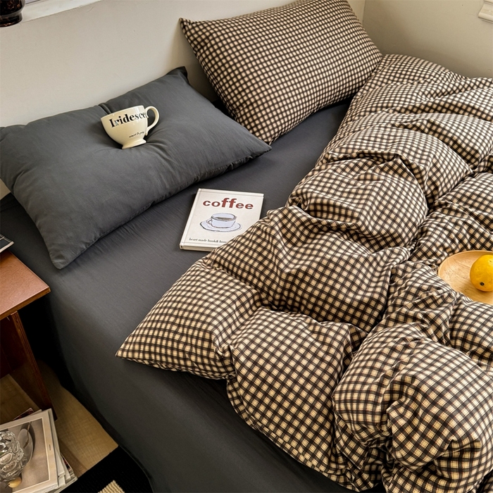 91家纺网 家纺一手货源 找家纺 多品2025新款无印风超柔水洗棉宿舍三件套 黑小格+黑