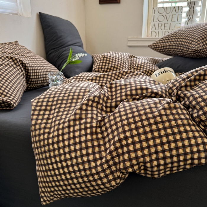 91家纺网 家纺一手货源 找家纺 多品2025新款无印风超柔水洗棉宿舍三件套 黑小格+黑