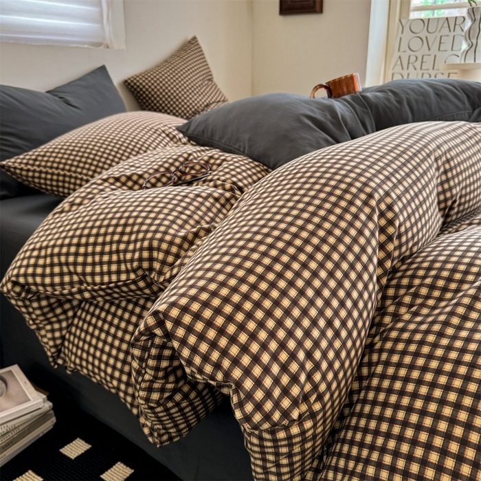 多品2025新款无印风超柔水洗棉宿舍三件套 黑小格+黑