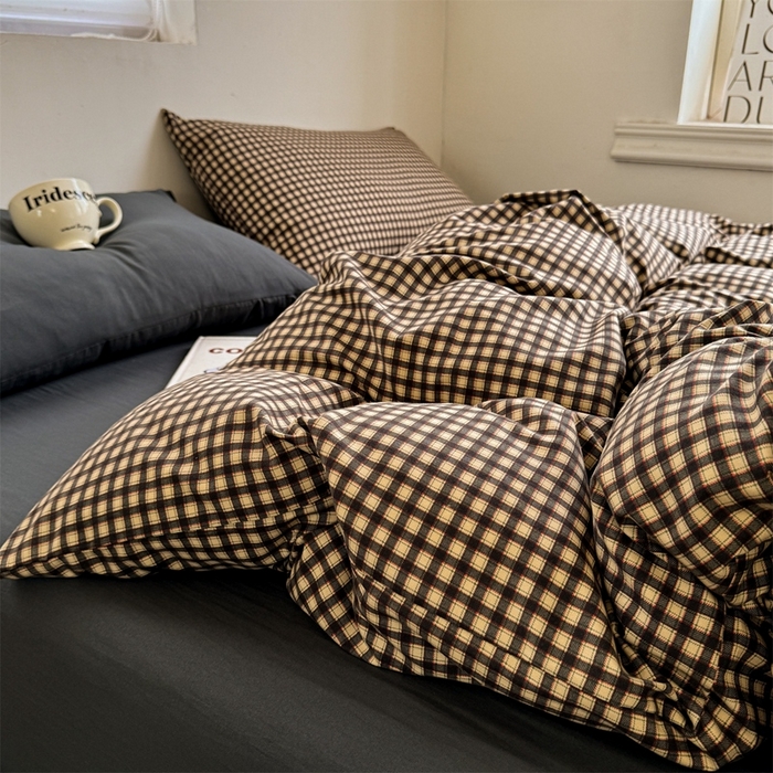 91家纺网 家纺一手货源 找家纺 多品2025新款无印风超柔水洗棉宿舍三件套 黑小格+黑