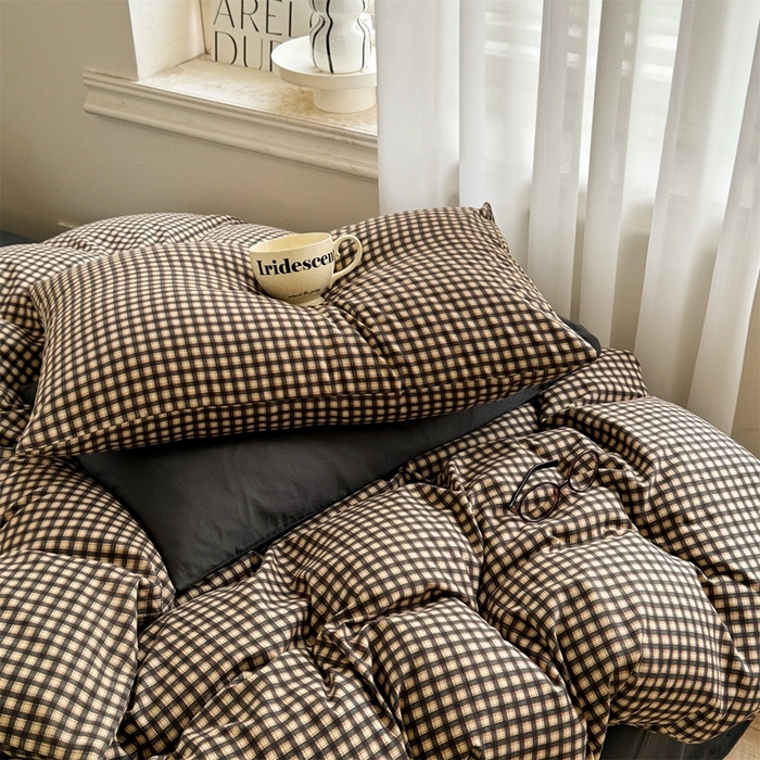 91家纺网 家纺一手货源 找家纺 多品2025新款无印风超柔水洗棉宿舍三件套 黑小格+黑