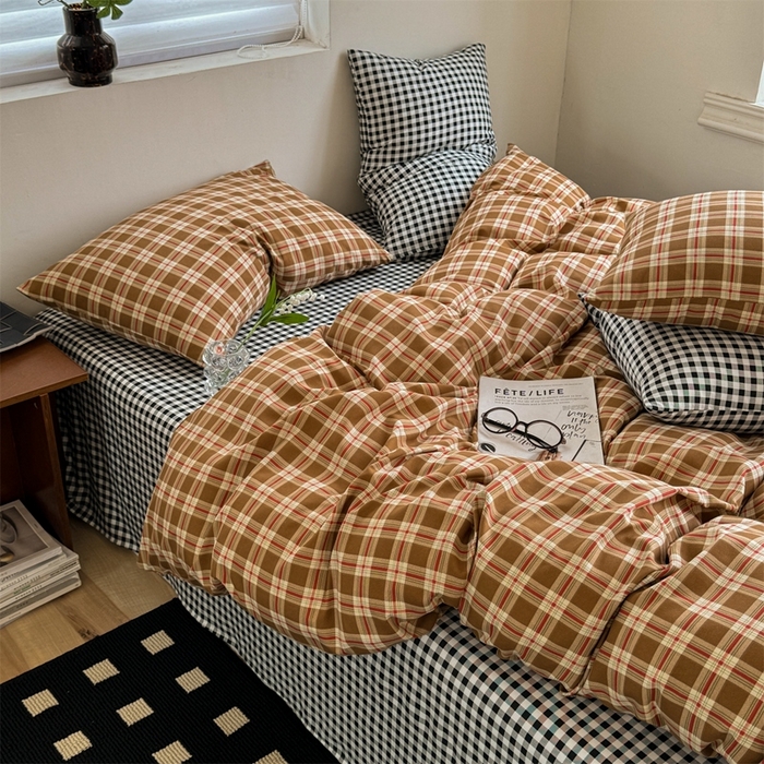 91家纺网 家纺一手货源 找家纺 多品2025新款无印风超柔水洗棉宿舍三件套 时光+黑白格