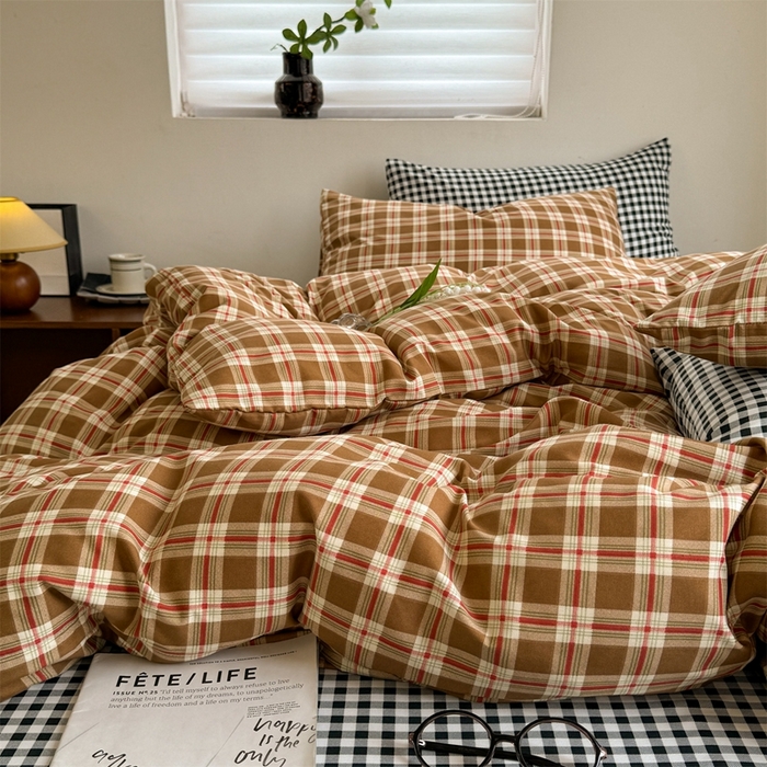 91家纺网 家纺一手货源 找家纺 多品2025新款无印风超柔水洗棉宿舍三件套 时光+黑白格