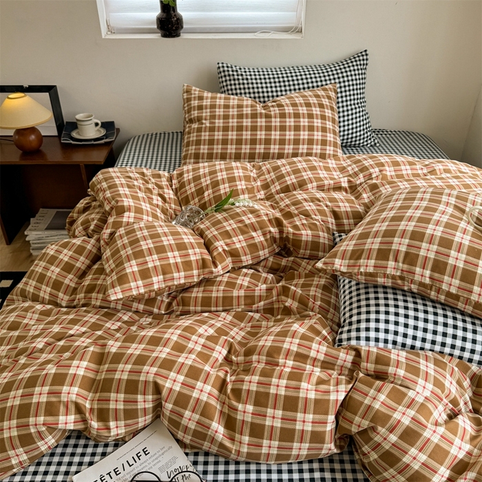 91家纺网 家纺一手货源 找家纺 多品2025新款无印风超柔水洗棉宿舍三件套 时光+黑白格