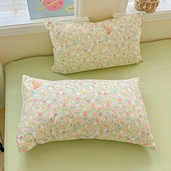 91家纺网 家纺一手货源 找家纺 一比一家纺 2025新款云感皱皱纱简单款夏被夏凉被空调被四件套 郁金香小兔绿