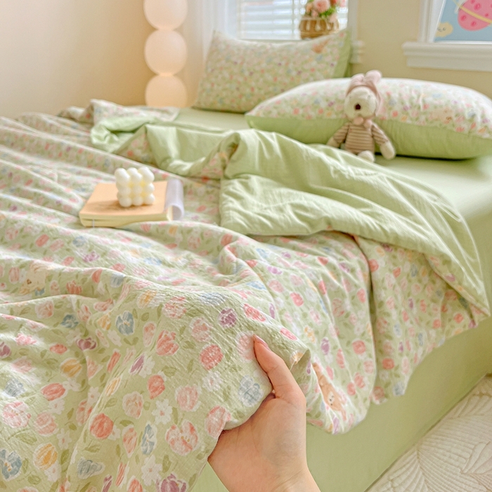 一比一家纺 2025新款云感皱皱纱简单款夏被夏凉被空调被四件套 郁金香小兔绿